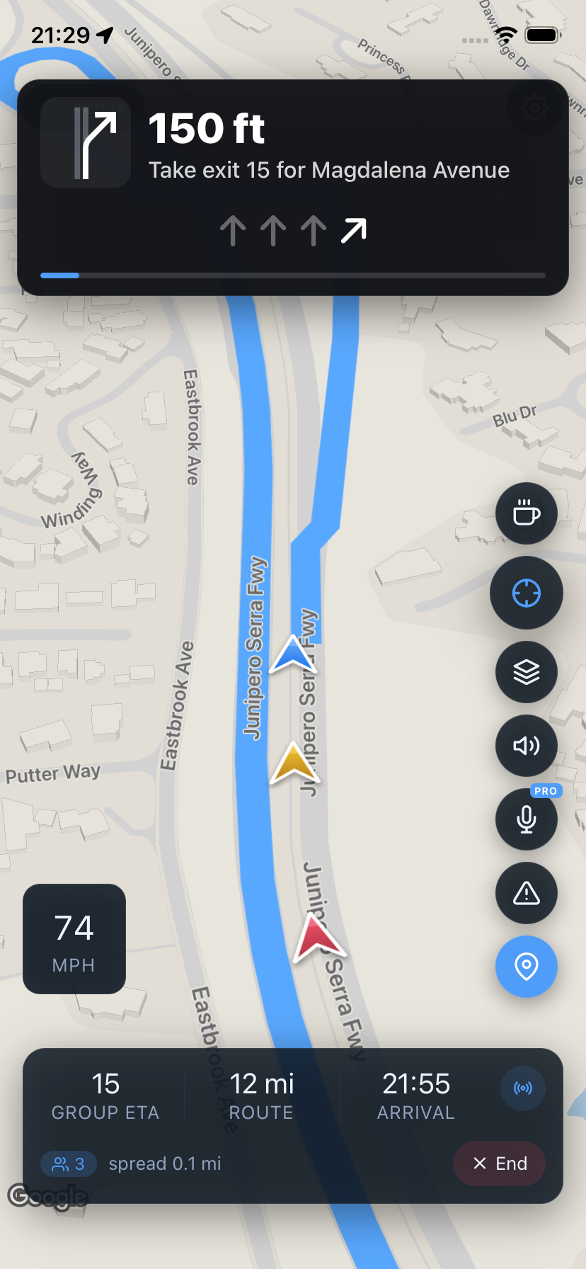 Convoy navigation with junction lane view and a shared group ETA