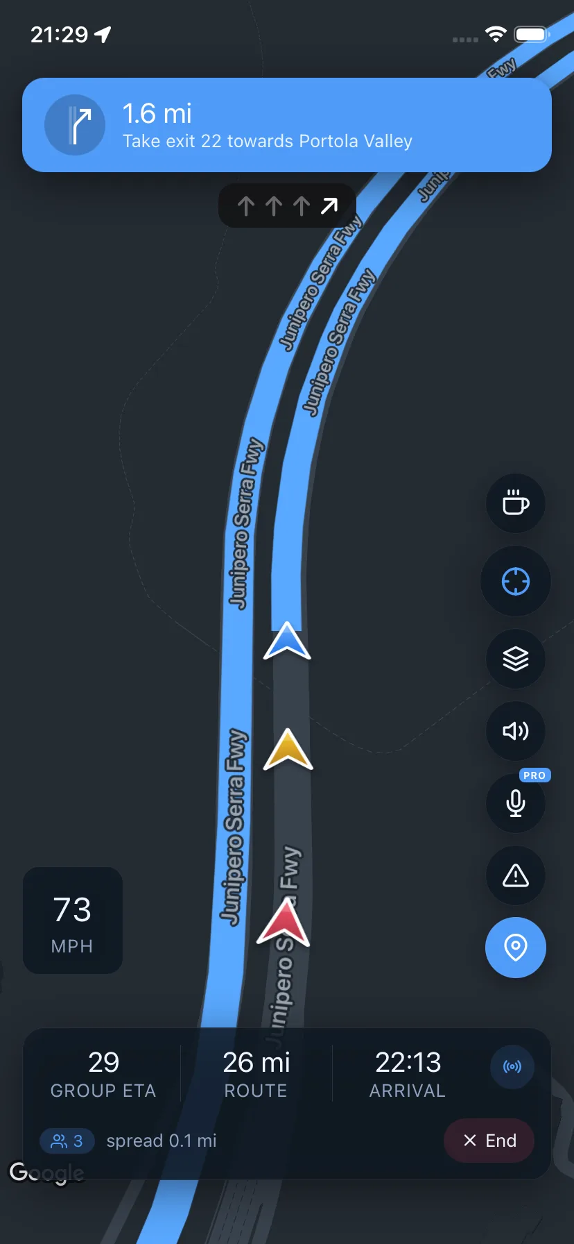 Meridian live convoy map displaying the group’s positions on the route