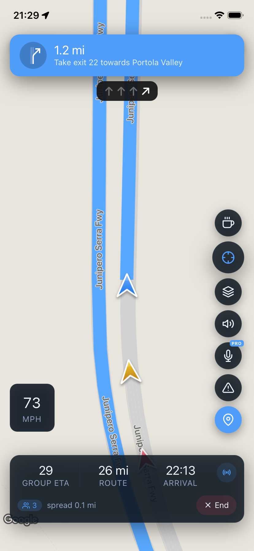 Convoy group drive with motorway exit guidance and live member positions
